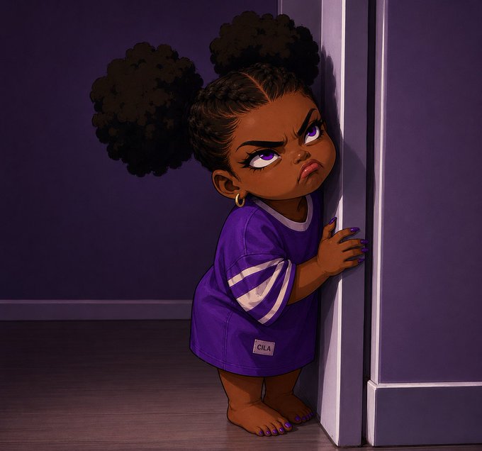 A digital illustration of a young girl with dark puffy hair, wearing an oversized purple jersey, looking suspiciously from behind a doorway.