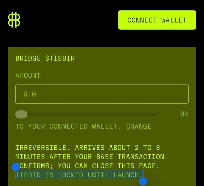 The image shows a "Bridge $TIBBIR" interface with a "Connect Wallet" button and an amount input field, indicating a platform for transferring the $TIBBIR token. The bridge service, which takes about 2-3 minutes to complete, supports the post's teaser about $TIBBIR arriving on Base ("Coming to a Hood near you").