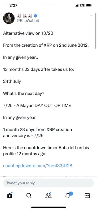 Twitter/X screenshot from user @RiteWabbit discussing XRP creation date theories and referencing the Mayan Day Out of Time on 7/25.