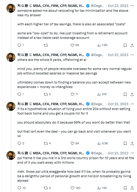 A series of four tweets from '𝕏 G 口哔 ⌐ MBA, CFA, FRM, CFP, NGMI, H...' (@Dege...) dated Oct 23, 2023, discussing tax minimization relocation strategies, offshore living, and comparing it to '3rd world country prison'.