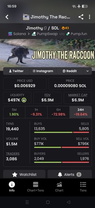 Screenshot of a crypto tracking app showing "Jimothy The Raccoon" (Jimothy/SOL) token priced at $0.006929 with a $6.9M market cap, despite significant 24-hour decline of -19.64% and only 1.90% 5M gain. The image illustrates the volatile price action the poster is encouraging holders to withstand, reinforcing their message to "hold tyt" through the dip toward a projected 20M market cap.