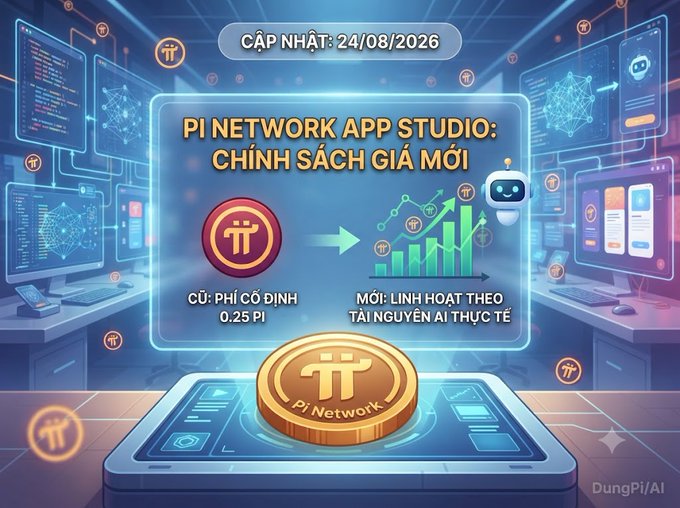 The image illustrates Pi Network's App Studio pricing policy update effective 24/08/2026, showing a transition from a fixed fee of 0.25 PI to a flexible, dynamic pricing model based on actual AI resource usage. A large gold Pi coin sits in the foreground, with graphics of computers, charts, and an AI robot reinforcing the shift from a static rate to a variable, resource-driven system.