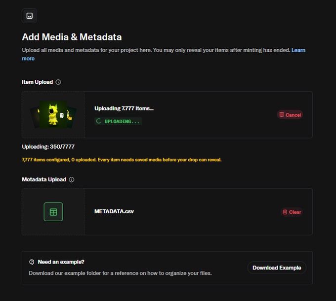 A dark-themed user interface titled 'Add Media & Metadata' showing an item upload in progress with text 'Uploading 7,777 items... UPLOADING...', 'Uploading: 350/7777', and '7,777 items configured, 0 uploaded', along with a 'METADATA.csv' upload field.