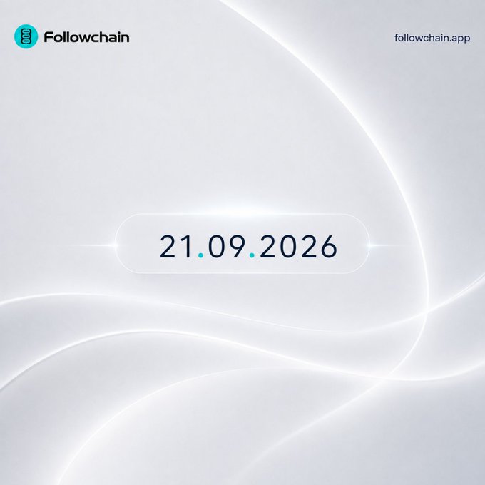 A minimalist countdown graphic from Followchain displays the date "21.09.2026" prominently in the center, building anticipation for the project's Mainnet launch and the opportunity to earn $tFOLL tokens. The clean white and light blue design features the Followchain logo and website (followchain.app), visually reinforcing the post's message to log in daily and stay tuned for the upcoming milestone.