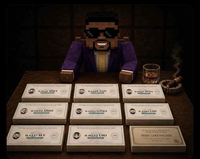 A blocky, pixelated figure resembling a NFT character with sunglasses sits at a table displaying stacks of asset cards—including tickers like MSFT, AAPL, NVDA, AMZN, GOOGL, GME, SLV, and USO—alongside a glass of whiskey and a cigar. The bottom right card is labeled "DEED CERTIFICATE: THIS CERTIFIES THAT THE NFT," playfully tying into the post's celebration of authentic NFT community formation and the return of bull market enthusiasm.