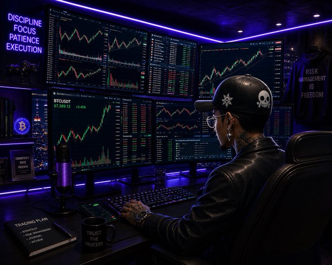A person wearing a black helmet and glasses sits at a desk with a computer monitor, keyboard, and mouse. The screen displays multiple graphs of stock market trends throughout the year. In the background, there are additional monitors displaying various financial indicators. There is also a book located on the desk, possibly providing more information about the stock market or investment strategies for those interested in learning more about investing.
