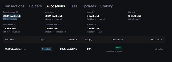 A cryptocurrency allocation dashboard showing 'Total allocated: 200M BASELINE' and '20% of supply' for recipient '0xb002...5adb'.