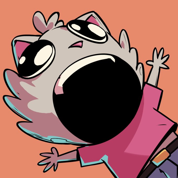 A cartoon illustration of a gray cat-like character wearing sunglasses and a pink shirt, screaming with its mouth wide open against an orange background.