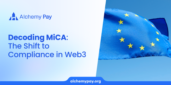 The image features a blue flag with yellow stars, which appears to be a European Union flag. The text "Decoding MiCA" is written below the flag, along with the phrase "the shift to compliance in Web3". This suggests that the image might be related to a project or initiative involving the decoding of MiCA and its implications for web3 technology.