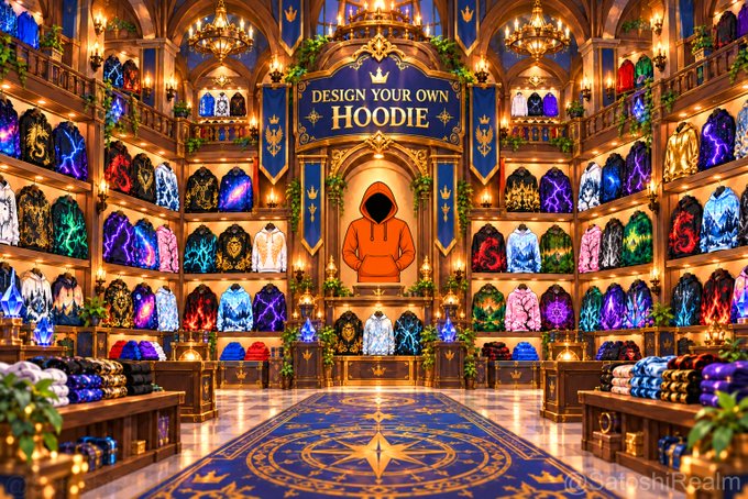 An ornate, fantasy-themed store display showcasing numerous hoodies with various designs on walls, with a central banner reading 'DESIGN YOUR OWN HOODIE' above an orange hoodie.