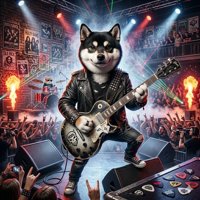 A vibrant digital illustration of a Shiba Inu dog in a leather jacket playing an electric guitar on stage in front of a cheering crowd, with rock posters lining the walls.