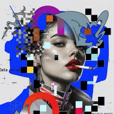 A glitch-art digital portrait of a woman smoking a cigarette, featuring pixelated blocks, blue graphic shapes, and the text 'data harvest' and 'evolution warping'.
