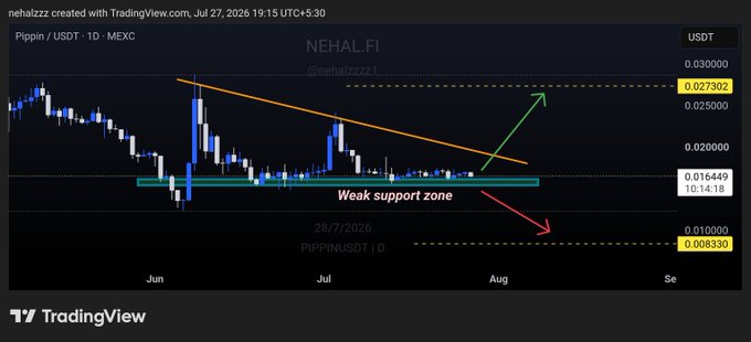 The image displays a TradingView candlestick chart of **Pippin/USDT (PIPPIN)** on the 1D timeframe from MEXC, created by "nehalezzz" on July 27, 2026. It features a descending trendline, a highlighted "Weak support zone" near $0.0164, and two projected paths—a green arrow pointing up toward the $0.0273 resistance and a red arrow pointing down toward the $0.0083 support.

**Relevance to the post:** The post discusses **$SIREN** and its weak daily chart setup, but the image shown is actually a **PIPPIN/USDT** chart, not SIREN—likely a mismatch. However, the chart's visual narrative of a "weak support zone" with a potential bearish breakdown (red arrow) closely mirrors the post's sentiment about $SIREN's weakness and possible 40% downside move.
