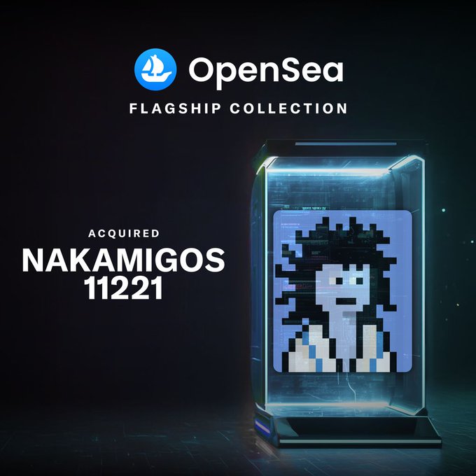 A promotional banner for OpenSea's Flagship Collection featuring a pixelated character figure in a futuristic display case, announcing the acquisition of "NAKAMIGOS 11221" as part of the post about joining the collection. The image visually highlights the cryptopunk-style pixel character referenced in the accompanying text about the 20,000 character collection.