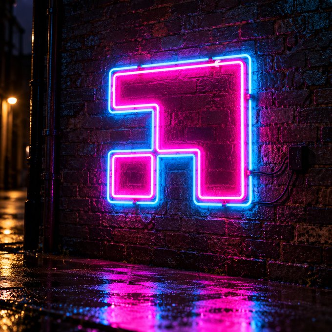 A neon sign shaped like a Tetris piece glowing in pink and blue against a wet brick wall at night, with reflections visible on the damp pavement below.