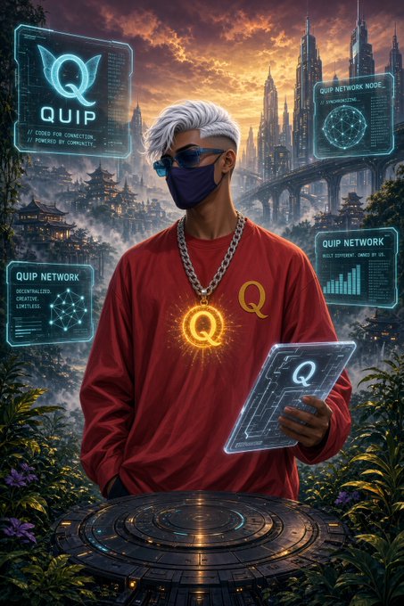 A stylized digital illustration features a character in a red shirt with a glowing 'Q' pendant, wearing a mask and sunglasses, holding a transparent device with 'Q' branding, set against a futuristic cityscape with 'QUIP NETWORK' holographic displays.