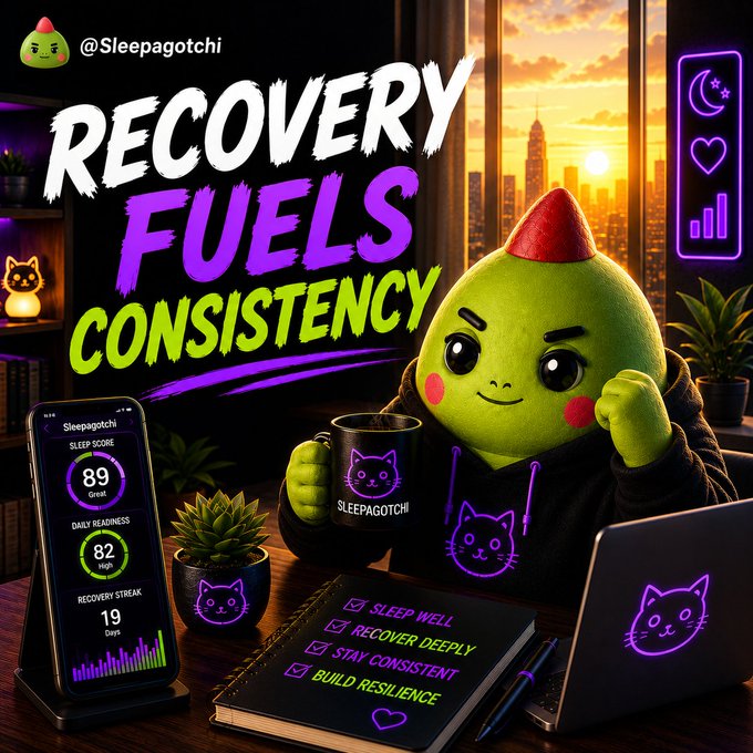 A promotional graphic for @Sleepagotchi with the text 'RECOVERY FUELS CONSISTENCY', featuring a green pixel-art character holding a 'SLEEPAGOTCHI' mug, a phone displaying a Sleep Score of 89, and a checklist with 'SLEEP WELL', 'RECOVER DEEPLY', 'STAY CONSISTENT', 'BUILD RESILIENCE'.