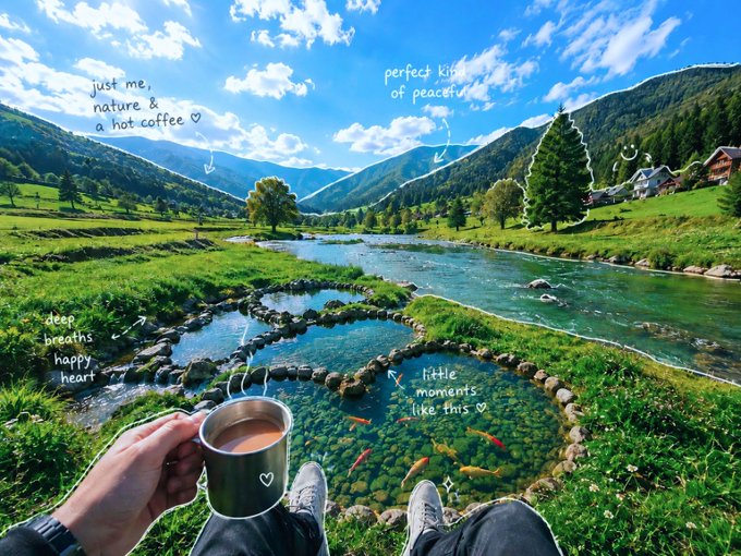 A person holds a steaming coffee mug beside a clear mountain stream and heart-shaped pond, with handwritten captions like "just me, nature & a hot coffee," "perfect kind of peaceful," "deep breaths happy heart," and "little moments like this ♡"—evoking the calm, open-access simplicity the post contrasts with quantum computing's gated, maze-like access that @quipnetwork aims to "flip" into an open marketplace.