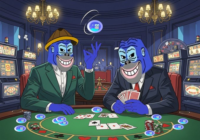 Two animated characters, dressed in suits and hats, play a game of poker at a casino table with blue chips and red cards.