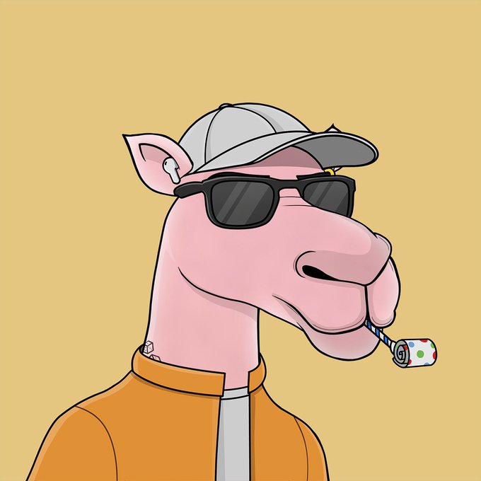 A cartoon illustration of a pink alpaca or llama wearing sunglasses, a gray baseball cap, and an orange jacket, smoking a rolled cigarette against a yellow background.