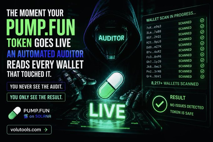 The image features a poster for Pump Fun, which is an automated auditor that reads every wallet that has been touched by it. The poster includes a green pill with the words "Auditor" written on it, along with a person's face wearing a hoodie and holding a tablet computer. The text in the image suggests that the automated auditor can detect any suspicious activity or transactions within a user's wallet.