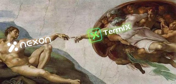 Michelangelo's 'Creation of Adam' painting reimagined with the logos of video game company Nexon and crypto platform Termix replacing the famous touching hands of God and Adam.