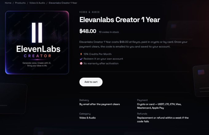 The image displays a product listing page for "Elevenlabs Creator 1 Year" priced at $48.00 on Keyzo, showing a purple and black branded tile with the ElevenLabs Creator logo and details including "10 codes in stock," "13% Credits Per Month," and notes that the code redeems on the user's own account with no warranty after activation. The post accurately reflects the listing's price, stock quantity, credit rate, redemption process, and payment options shown on the page.