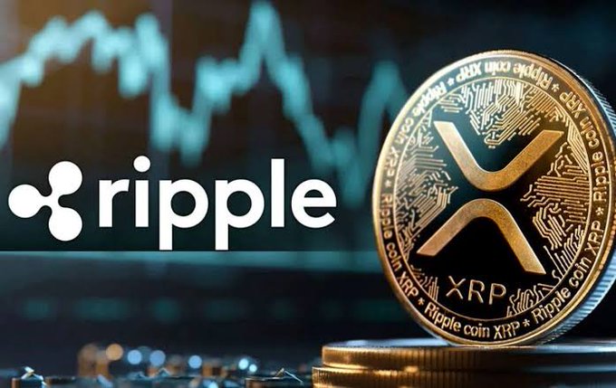 The Ripple logo appears next to a gold XRP cryptocurrency coin, set against a dark background featuring a teal stock chart.