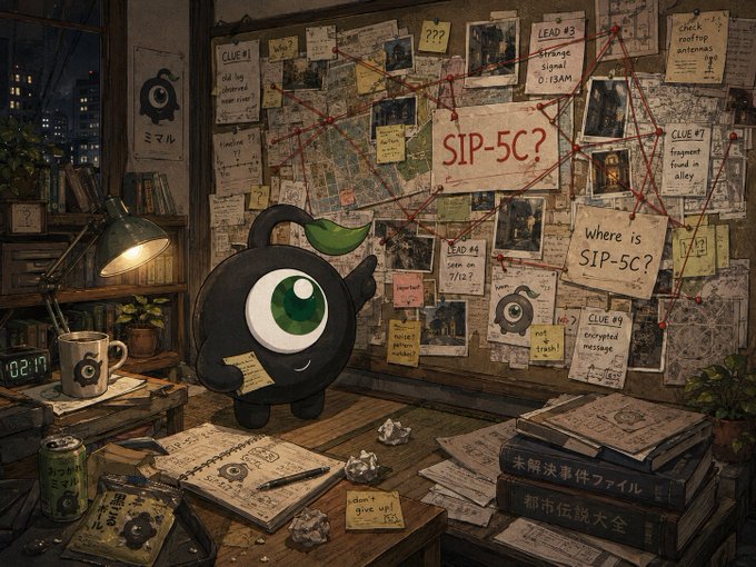 A whimsical illustration of a small black one-eyed creature standing at a desk in front of a corkboard covered with investigation notes, maps, and red string connecting clues, with prominent text reading 'SIP-5C?' and 'Where is SIP-5C?'