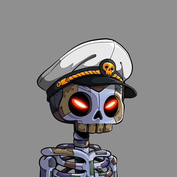 A cartoon-style illustration of a skeleton wearing a white sailor cap with a skull emblem, featuring glowing red eyes and an exposed ribcage.
