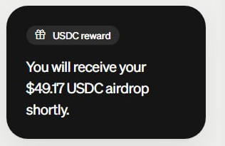 A notification card displays "USDC reward" with the message "You will receive your $49.17 USDC airdrop shortly." The image represents one user's actual payout from the Paybox USDC airdrop mentioned in the post, showing that participants received tangible rewards in exchange for engaging with the platform.