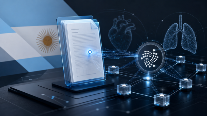 A digital illustration depicting a medical document file alongside icons of a heart, lungs, and a DNA/network node graph, with an Argentinian flag in the background.