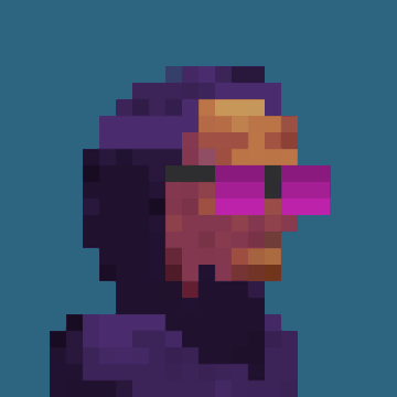 A pixel art portrait of a figure with purple and orange tones wearing bright pink/magenta sunglasses against a teal background.