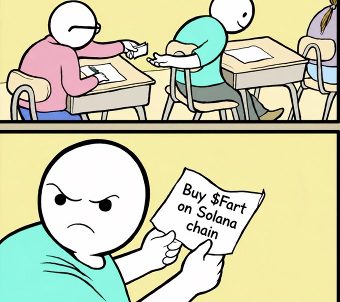 A two-panel cartoon: in the top panel, a student passes a note to another in class; in the bottom panel, an angry character holds up the note reading 'Buy $Fart on Solana chain'.