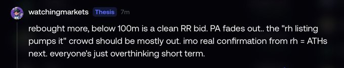 A screenshot of a tweet from @watchingmarkets with the "Thesis" label shows market commentary reading: "rebought more, below 100m is a clean RR bid. PA fades out.. the 'rh listing pumps it' crowd should be mostly out. imo real confirmation from rh = ATHs next. everyone's just overthinking short term." The post contextualizes the tweet by arguing that the post-listing selloff was a front-run reaction, not a weakening of the underlying $cashcat catalyst.