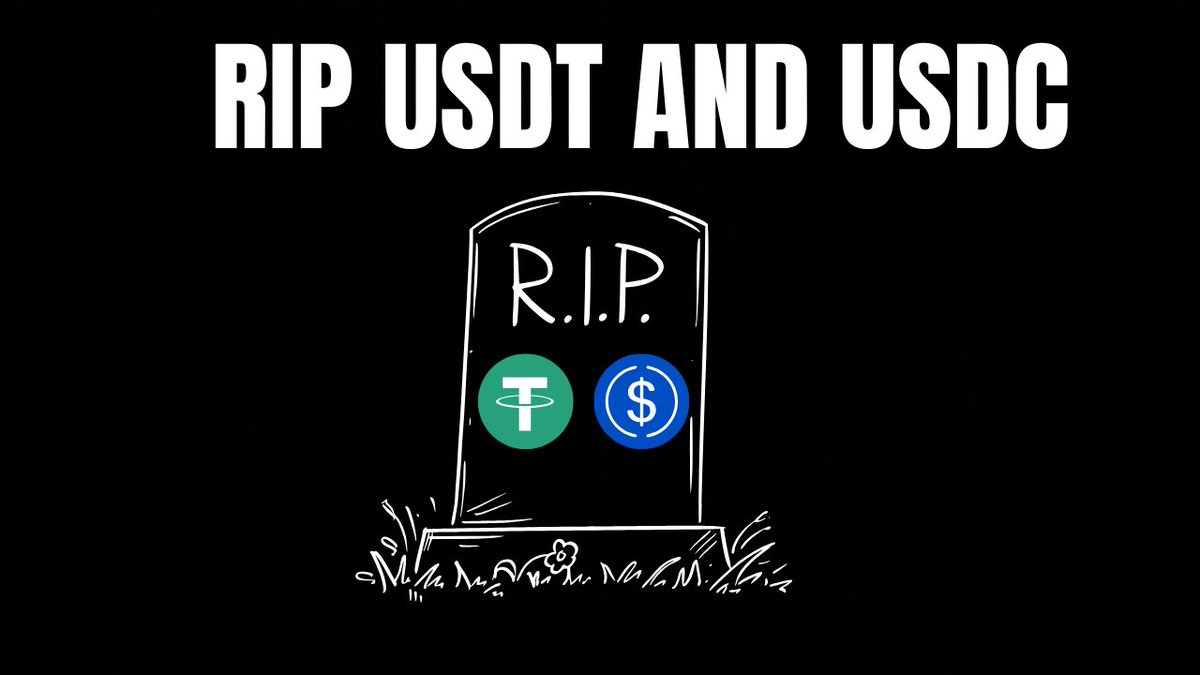 A memorial graphic on black background reading 'RIP USDT AND USDC' with a tombstone marked 'R.I.P.' featuring the Tether (T) and USDC ($) logos.