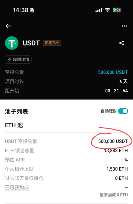 A mobile screenshot of Bitget's PoolX platform showing a USDT airdrop event with a total airdrop of 500,000 USDT and an ETH staking pool where users can stake ETH to mine USDT, with 13,883 ETH staked and a countdown of 21 minutes and 54 seconds until start.