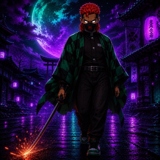 Anime-style digital artwork depicting a red-haired character in a green and black checkered coat holding a glowing sword, standing on a wet street under a purple sky with Japanese lanterns.