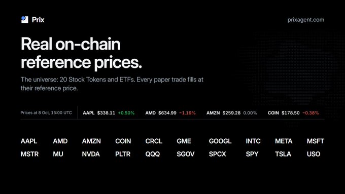A dark webpage for Prix displays 'Real on-chain reference prices' with stock token tickers like AAPL, AMD, AMZN, COIN and prices dated Oct. 8.