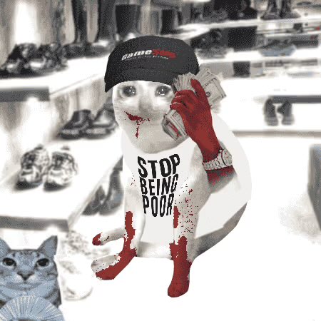 A cat wearing a black "GameStop" cap and a "STOP BEING POOR" t-shirt is digitally edited with red blood-like stains and blood-money bills.