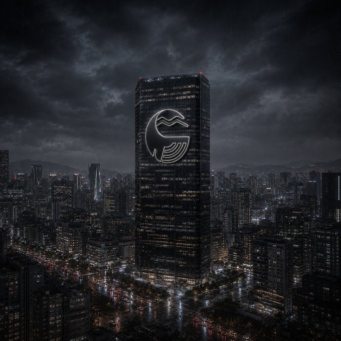 A dramatic nighttime cityscape image showing a tall skyscraper with a glowing circular logo resembling a stylized 'e' or wave emblem, set against dark stormy clouds.