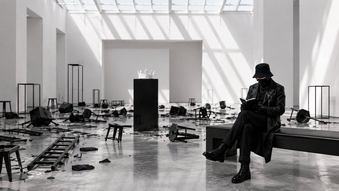 A masked figure in black reads calmly on a bench inside a stark, destroyed gallery where shattered frames and stools litter the floor around a small crown displayed on a pedestal. The image mirrors the quote's warning: while the masked observer appears composed amid the wreckage, the "easy profits" symbolized by the crown sit untouched in the ruins of careless ambition.