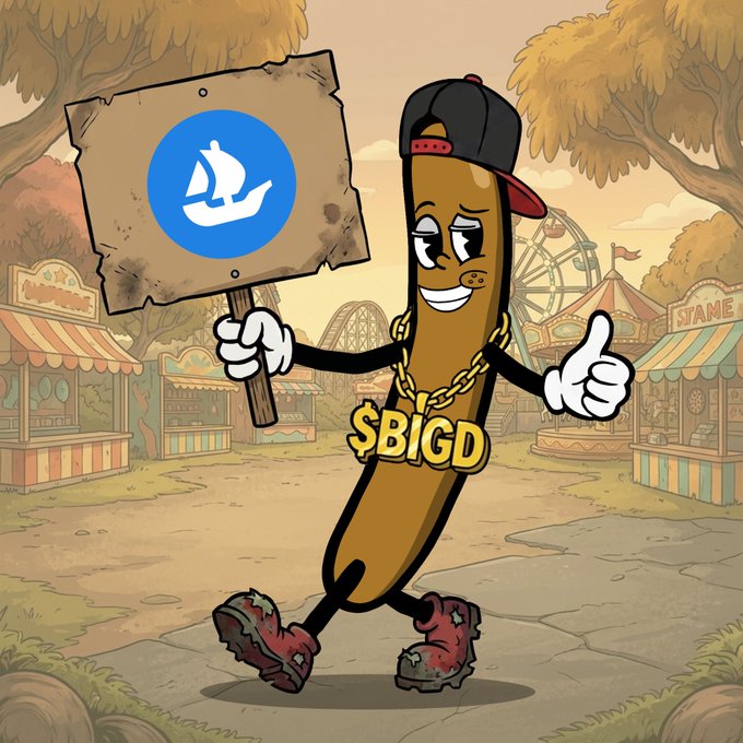 A cartoon cigar character wearing a "$BIGD" gold chain, red cap, and boots holds an OpenSea sign at a carnival while giving a thumbs-up, promoting the BigD NFT collection whitelist check on OpenSea.