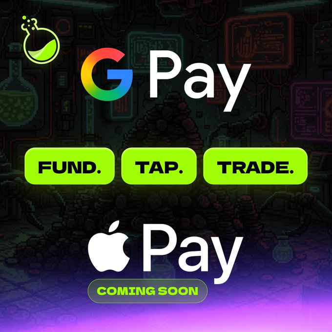 A promotional graphic announces Google Pay integration with "FUND. TAP. TRADE." in green buttons, while the Apple Pay logo sits above a "COMING SOON" badge, all set against a pixel-art laboratory backdrop.