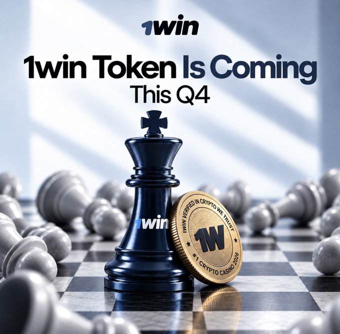 A promotional graphic announces "1win Token Is Coming This Q4" featuring a dark blue king chess piece branded with the 1win logo and a gold coin marked "#1 CRYPTO CASINO" and "1WIN LICENSED IN CRYPTO WE TRUST 2026," set against a chessboard with scattered white pieces. The imagery aligns with the post's message about 1win launching its token into an established iGaming ecosystem, using the dominant chess king to symbolize the platform's strategic position as a market leader in crypto casino gaming.