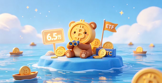 A cute 3D-rendered Bitcoin-themed teddy bear sits on a small island surrounded by water and floating Bitcoin coins, with signs displaying "6.5万" and "ETF" alongside a "BTC" block, symbolizing Bitcoin's growing market dominance and ETF-driven inflows returning capital to the leading cryptocurrency.