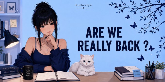 An anime-style illustration features a girl with dark hair and a white cat at a desk, with the text 'Ruthcelyn', 'ARE WE REALLY BACK?', and a mug reading 'Daughter Naegi Ginack'.