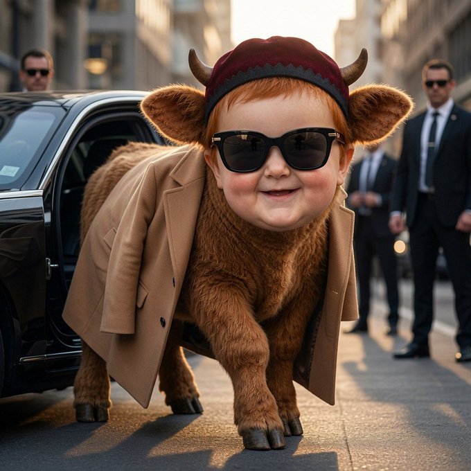A whimsical image of a cheerful child dressed in a furry Highland cow costume with horns, sunglasses, and a beige trench coat, arriving in style with security detail beside a black town car — playfully styled to match the token ticker "ca" (likely "cow-themed" or crypto mascot) referenced in the post.
