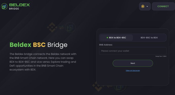 Screenshot of the Beldex BSC Bridge website, featuring a 'BDX to BDX-BSC' tab and a field prompting users to connect their wallet.