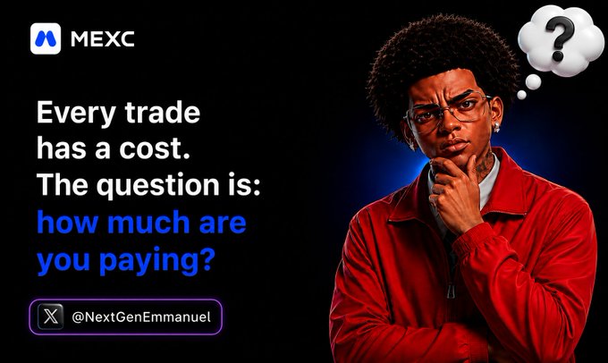 The image is a MEXC promotional graphic featuring a contemplative young man in a red jacket with a thinking-bubble question mark, alongside the text "Every trade has a cost. The question is: how much are you paying?" and the handle @NextGenEmmanuel. It visually reinforces the post's message by emphasizing that while market opportunities shift rapidly, the real consideration for traders should be the fees and costs imposed by their exchange platform.